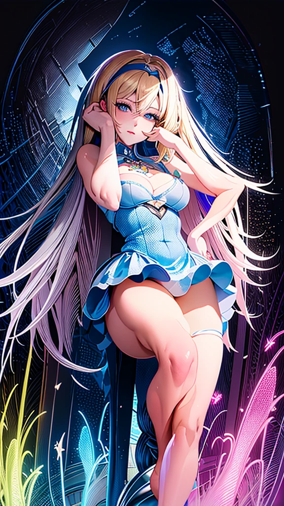 a beautiful 20 year old blonde woman with big messy hair in a blue dress, white stockings, black headband, cleavage, fantasy art style, rossdraws cartoon vibrant, alice in wonderland cyberpunk, cute detailed digital art, colorfull digital fantasy art, digital fantasy art ), glossy digital painting, rossdraws pastel vibrant, rossdraws 2. 5, rossdraws 1. 0