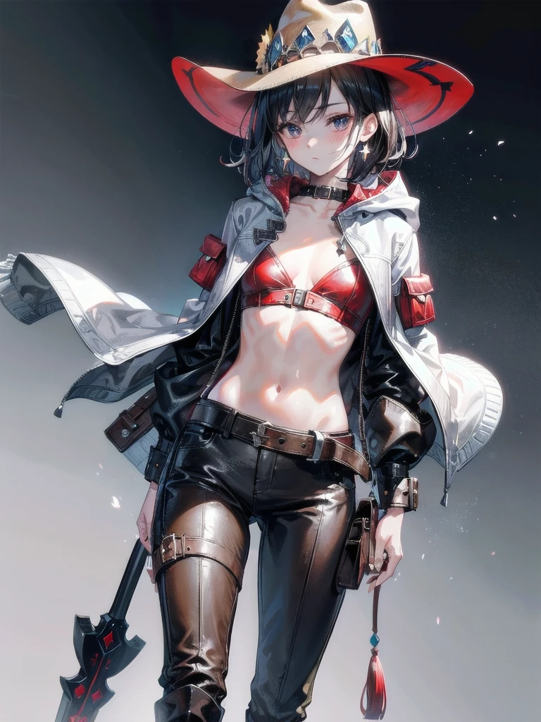 cool cowgirl, fantasy adventurer, cowboy hat, decorated hooded armor jacket, cross belt, Brown leather pants, Red leather long boots, absurdres, RAW photo, extremely delicate and beautiful, masterpiece, Best Quality, ultra high resolution, 32k, hyperrealistic, ultra-detailed, detailed description, pale skin, 20 years old, tearful mole, earring, short medium hair, wavy hair, whole body shot,