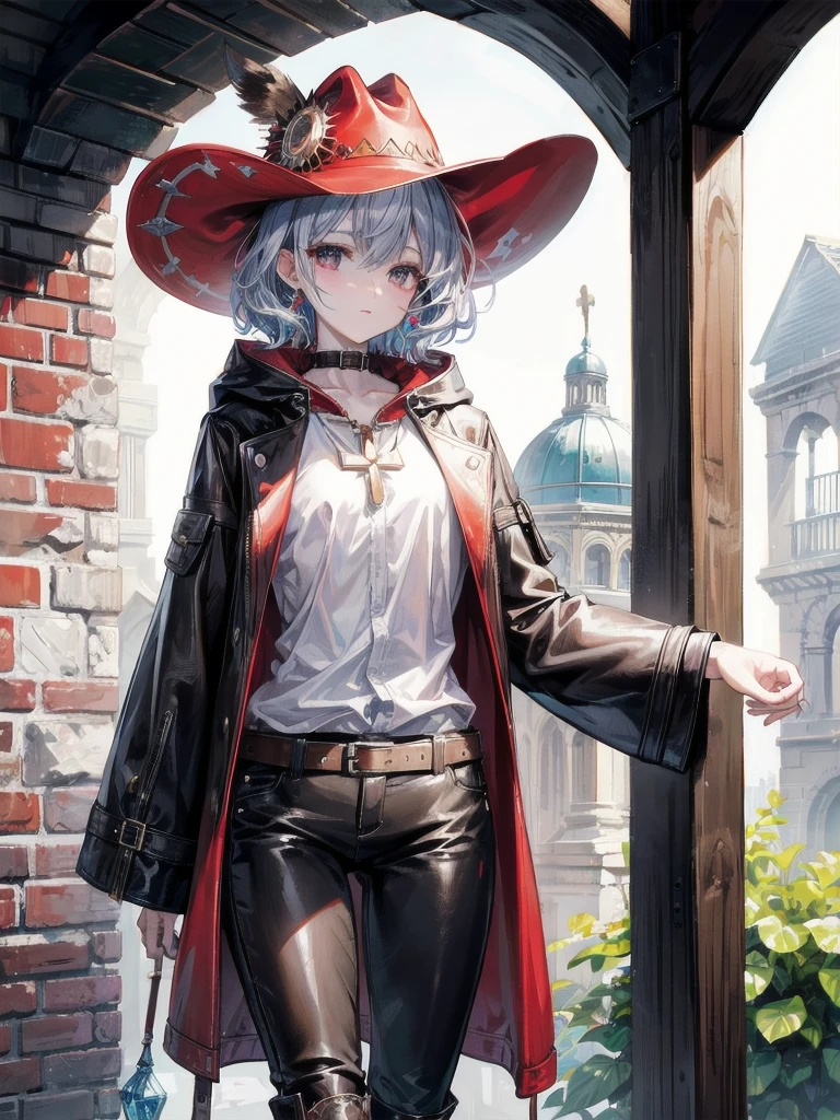 cool cowgirl, fantasy adventurer, cowboy hat, decorated hooded armor jacket, cross belt, Brown leather pants, Red leather long boots, absurdres, RAW photo, extremely delicate and beautiful, masterpiece, Best Quality, ultra high resolution, 32k, hyperrealistic, ultra-detailed, detailed description, pale skin, 20 years old, tearful mole, earring, short medium hair, wavy hair, whole body shot,