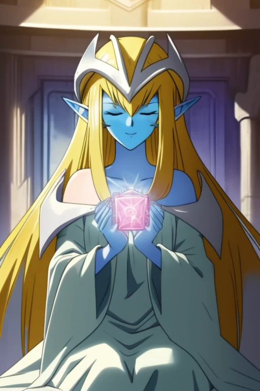 mysticalygo, mystical elf, smile, eyes closed, white dress, long skirt, blue skin, white cape, long robe, blonde hair, long hair, Yugioh, overly long sleeves, no hands, crouches, sitting, living room