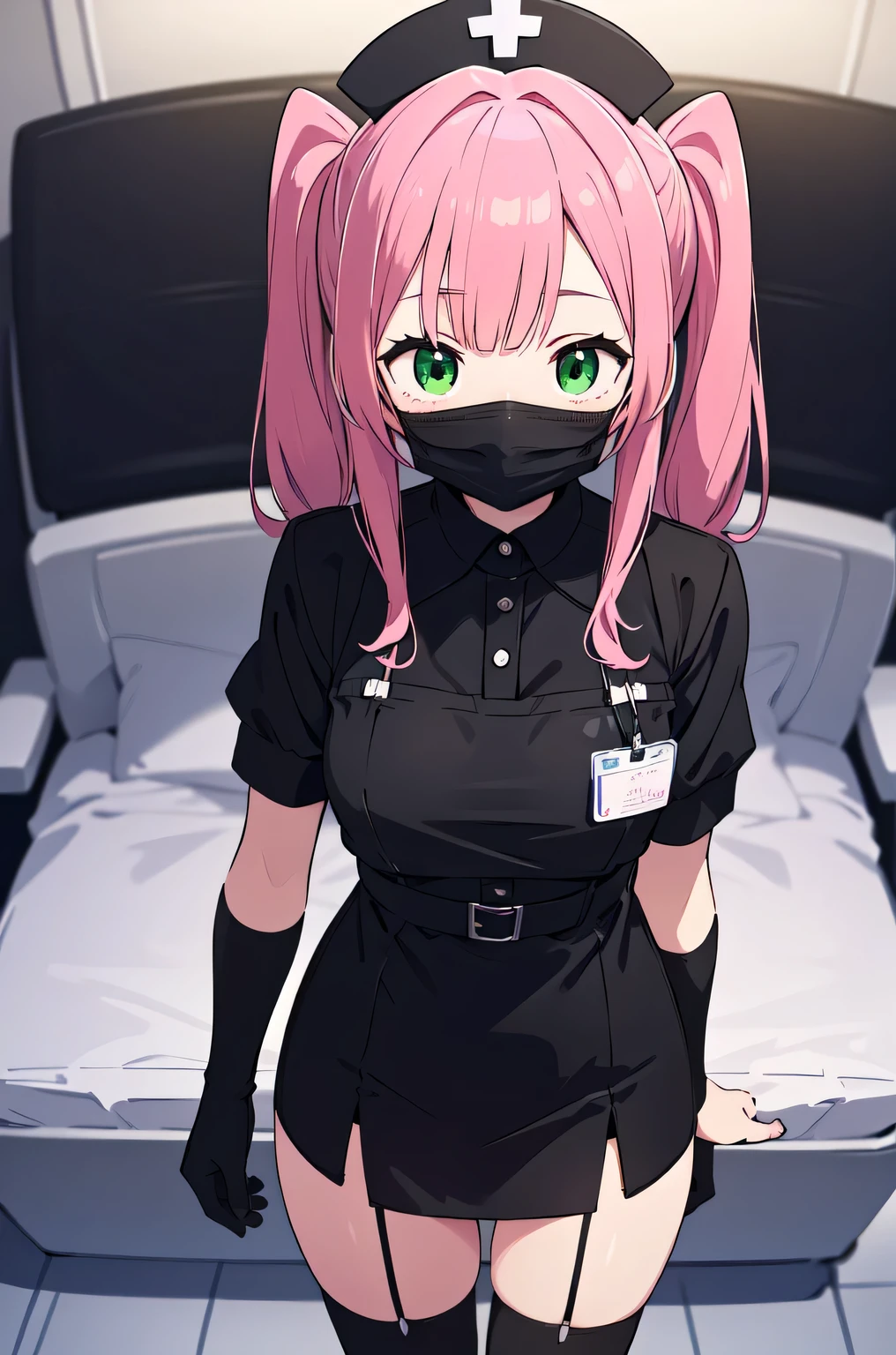 black nurse, 1woman, solo, black nurse cap, black nurse uniform, ((black legwear, zettai ryouiki)), black elbow gloves, pink hair, green eyes, drooping eyes, ((black surgical mask, covered nose)), standing, ((surgery room)), sharp outline, short sleeves, mature female, 32 years old, best quality, masterpiece