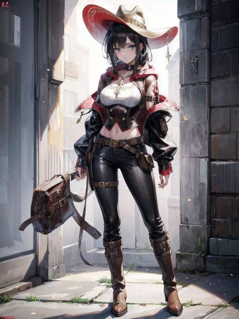 cool cowgirl, fantasy adventurer, cowboy hat, decorated hooded armor jacket, cross belt, Brown leather pants, Red leather long boots, absurdres, RAW photo, extremely delicate and beautiful, masterpiece, Best Quality, ultra high resolution, 32k, hyperrealistic, ultra-detailed, in her 20s, delicate facial features, tearful mole, earring, medium breasts, full body shot, shorter middle hair, black hair, 