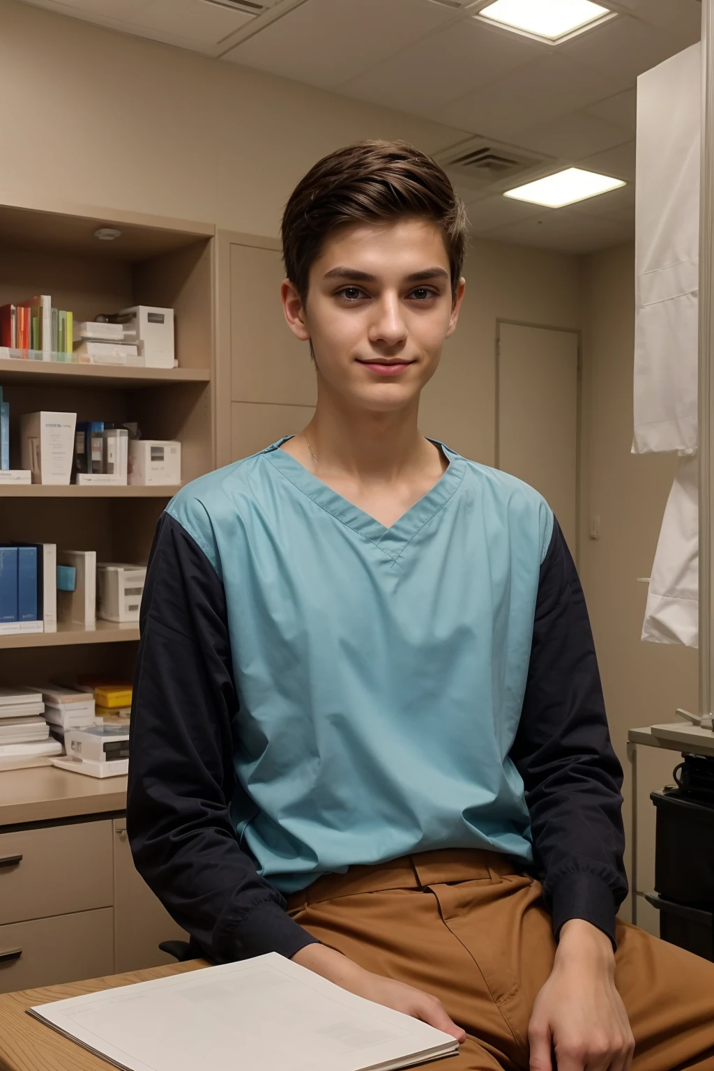 A beautiful young man, male twink, with black hair, wearing an aquamarine-sleeved shirt and brown pants. He is in the surgical theater, and behind him are medical devices and medical equipment. He is a surgeon, and he looks proudly, his eyes have dark circles under them, and he has a red face with makeup on, and he is sitting at a luxurious desk in it. scientific books