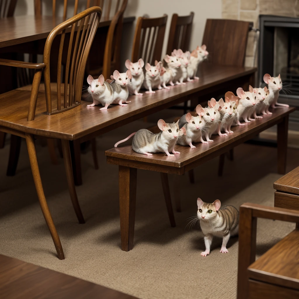 A line of mice with their paws up marches past a cat in a chair.