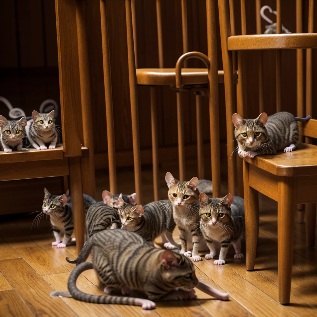 A line of mice with their paws up marches past a cat in a chair.