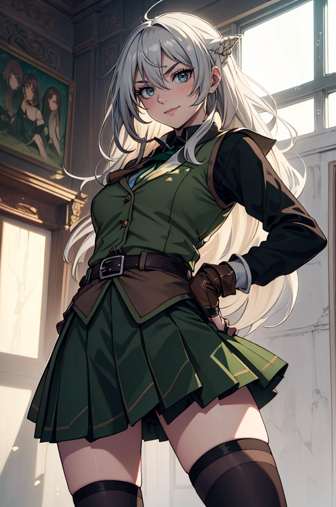 最high quality、Ultra High Definition, Ultra High Quality, Hyper Definition, Hyper Quality, Hyper Detailed, Extremely Detailed, Perfectly Detailed, Best image quality、masterpiece、woman((20-year-old、super dynamic pose , legs bent at the knees, Green solid eyes, Silver long Hair、Disheveled Hair、Long White Hair、thin,Fingerless Glove、Green Skirt, Tights, Smirk、Brown School Vest , Dressed in school)),high quality、Beautiful art、background((Inside the mansion))、Written boundary depth、  movie、Visual Arts、Perfect art、8K,Genuine、