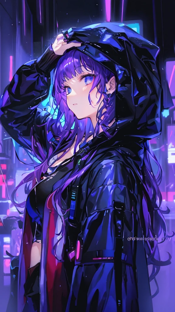 ((Highest quality)), (masterpiece)),in the rain、Anime girl with purple hair and black jacket, Cyberpunk Anime Girl in hoodie, digital Cyberpunk anime art, Digital Cyberpunk - Anime Art, Cyberpunk Anime Girl, anime cyberpunk art, Cyberpunk art style, Cyberpunk atmosphere, Cyberpunk anime art, female Cyberpunk Anime Girl, Dreamy Cyberpunk Girl, Cyberpunk atmospheres, Bright Cyberpunk Glow, Cyberpunk Style, Cyberpunk themed art