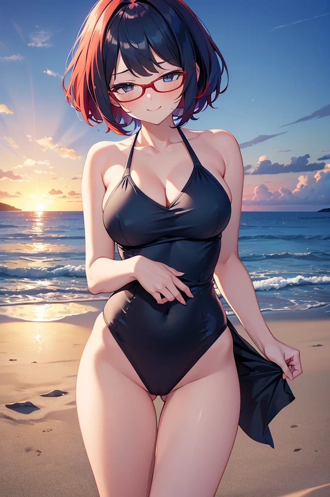 ((High_Quality)), ((Highly_Detailed)), ((Master_Work)), ((Beautiful)), 1girl only.(Pokemon_Penny) (smiling_coquettishly), (sexy_pose), (gray_eyes), (glasses), (big_breasts), (thin_clothing), (red_and_light_blue_hair), (She wears_short_hair_with_fringe_the_part_of_the_fringe_is_red_color_about_a_quarter_of_the_right_side_is_also_red_and_the_rest_of_her_hair_is_blue), (trikini_style_swimsuit_), (beach_on_the_shore_ of the_sea_with_a_sunset)