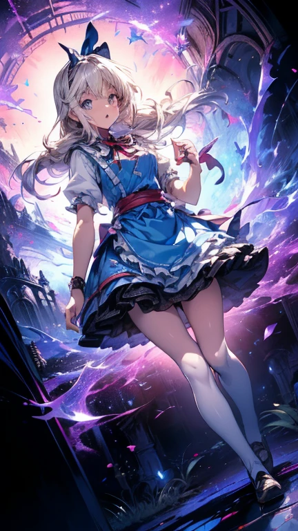 (master piece, high-quality, Mystical, Beautifully Aesthetic, ideal ratio of body proportions, image art, Impresionism), (ultra high resolution, 8K RAW photo, photo realistics, natural lighting, textile shading), (1 cute girl:1.3, solo:1.5, nsfw:1.25, full bodiEsbian), (Fractal), shinny skin, ((alice in the wonderland:1.2, surprising, little opening mouth:1.3)), ((tea cup, tea pot, pocket watch:1.3, keys,)), cuty anime white rabbit, ((dark-Blue dress :1.5, a fluttering miniskirt, White Apron, white stockings)), (big messy long platinum-blonde, tied hair with a ribbon), (Blue eyes, bright pupils with highlights, detailed eyes), ((dutch angle:1.5, full body:1.3)), cinematic image board, Exotic wallpapers, colorful image, fantastic art, fantasy images:1.5, ((correct anatomy:1.5, correct hand)), 