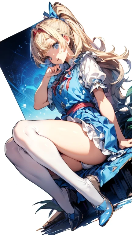 (master piece, high-quality, Mystical, Beautifully Aesthetic, ideal ratio of body proportions, image art, Impresionism), (ultra high resolution, 8K RAW photo, photo realistics, natural lighting, textile shading), (1 cute girl:1.3, solo:1.5, nsfw:1.25, full bodiEsbian), (Fractal), shinny skin, ((alice in the wonderland:1.2, surprising, little opening mouth:1.3)), ((tea cup, tea pot, pocket watch:1.3, keys,)), cuty anime white rabbit, ((dark-Blue dress :1.5, a fluttering miniskirt, White Apron, white stockings)), (big messy long platinum-blonde, tied hair with a ribbon), (Blue eyes, bright pupils with highlights, detailed eyes), ((dutch angle:1.5, full body:1.3)), cinematic image board, Exotic wallpapers, colorful image, fantastic art, fantasy images:1.5, ((correct anatomy:1.5, correct hand)),
