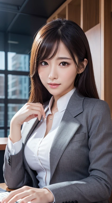 masutepiece, Best Quality, Ultra-detailed, finely detail, hight resolution, in 8K, Perfect dynamic composition, Beautiful detailed eyes, Natural Lip, (Business suits , s Office)、full body Esbian 、Plump