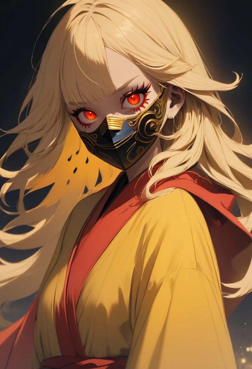 masterpiece , night , close up , beauty , blonde hair , red eyes , yellow robe , sinozick style , hanya mask