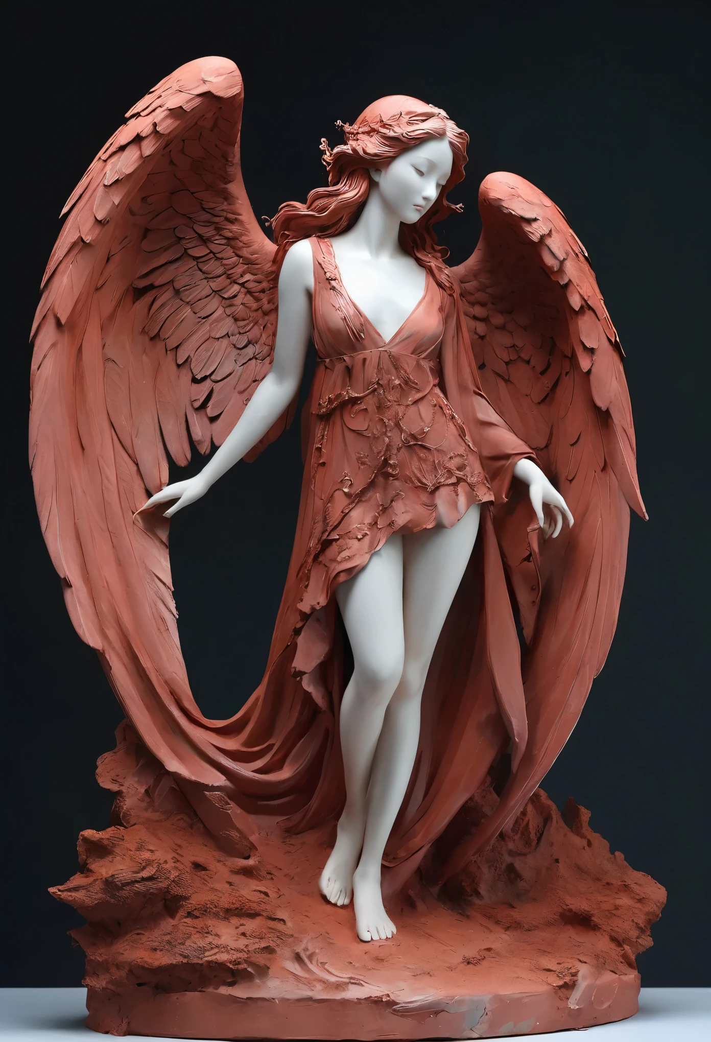 Dark Fantasy、old，dirty， Mineral red pigment，3D粘土clay sculpture艺术，clay sculpture、A woman_Angel, Monochrome wings