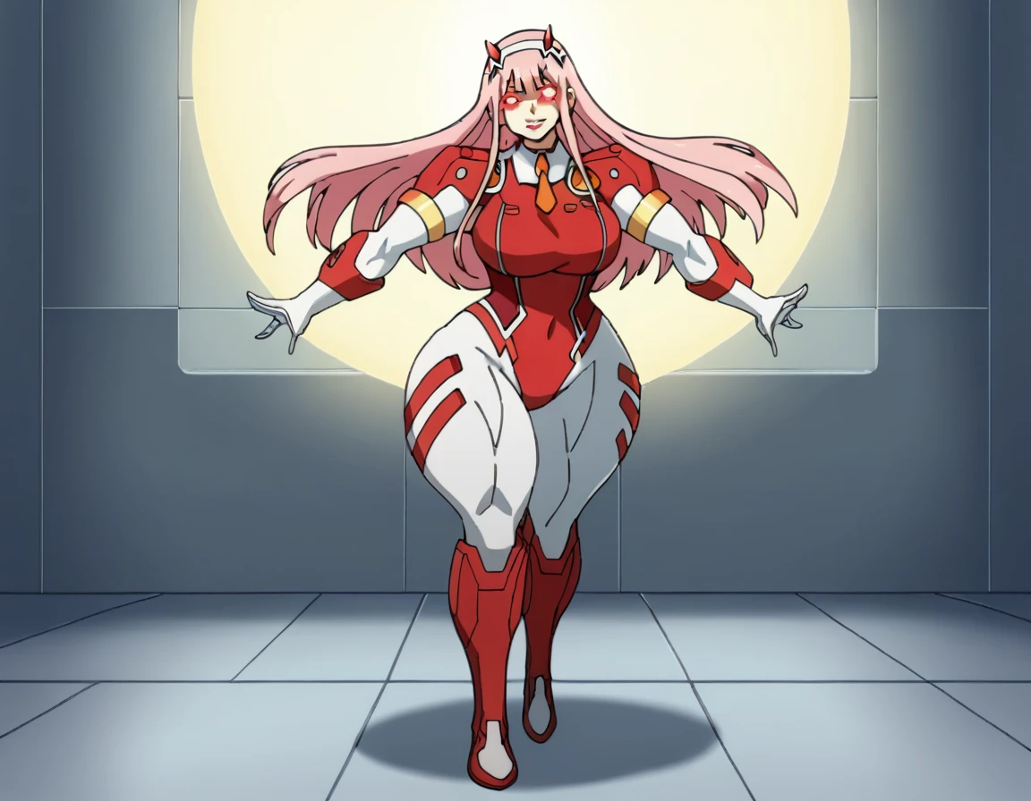 masterpiece, best quality, IncrsLowTier, electricity, glowing eyes zerotwo horns, hairband, necktie, red dress, pantyhose horns, hairband, red bodysuit, armlet, mecha horns, hairband, white bodysuit, white gloves, cap, red dress, white gloves, jacket on shoulders, pantyhose, cyber_armor body_suit,huge_breast, tall female, fulll body, sun light, smile,, sun aura,, boots, standing, smile, lips, red lips,,,{best quality}, {amazing quality} {best quality},{amazing quality},, {absurdres},{{highres}}, {very aesthetic}, {detailed}, curvy, tall, huge breast, character focus, white background,full-length portrait,, huge hips, huge muscles, huge thighs, curvaceous, venus figure,full body, full portrait