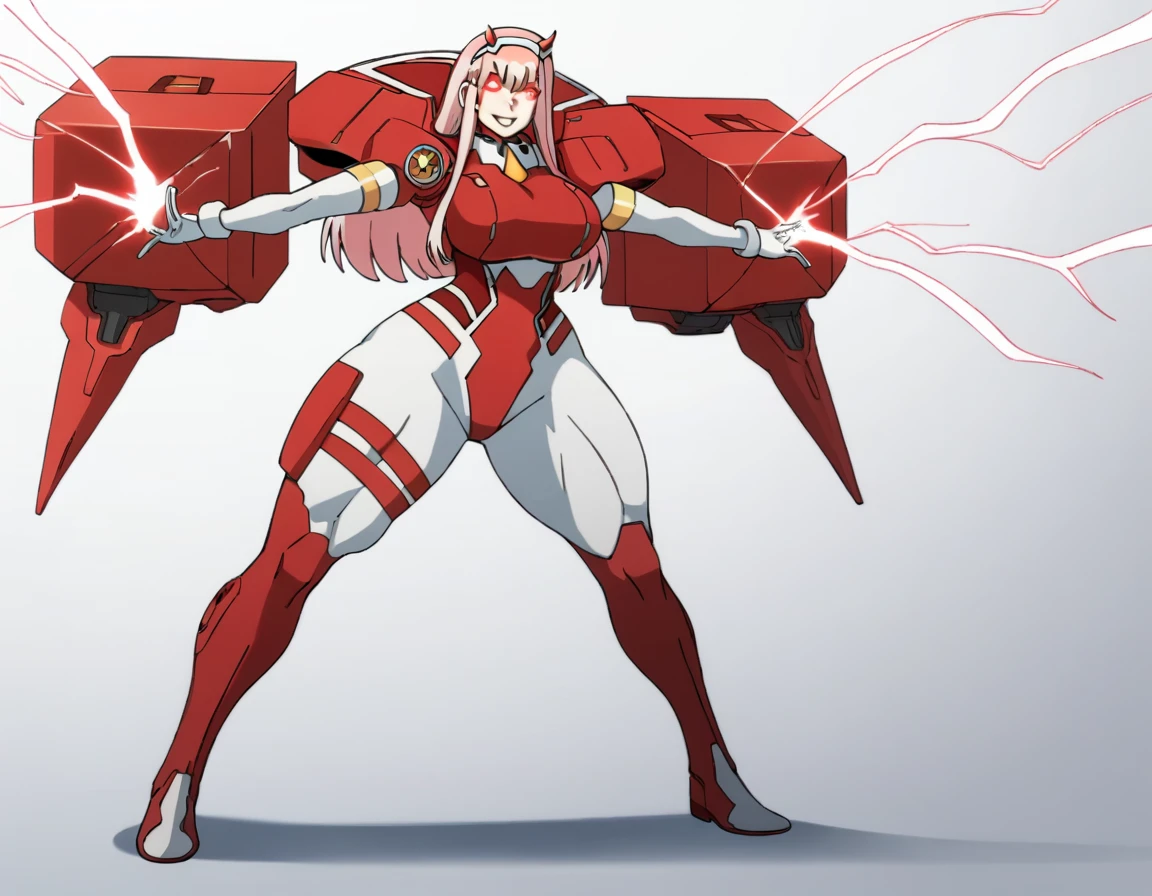 masterpiece, best quality, IncrsLowTier, electricity, glowing eyes zerotwo horns, hairband, necktie, red dress, pantyhose horns, hairband, red bodysuit, armlet, mecha horns, hairband, white bodysuit, white gloves, cap, red dress, white gloves, jacket on shoulders, pantyhose, cyber_armor body_suit,huge_breast, tall female, fulll body, sun light, smile,, sun aura,, boots, standing, smile, lips, red lips,,,{best quality}, {amazing quality} {best quality},{amazing quality},, {absurdres},{{highres}}, {very aesthetic}, {detailed}, curvy, tall, huge breast, character focus, white background,full-length portrait,, huge hips, huge muscles, huge thighs, curvaceous, venus figure,full body, full portrait