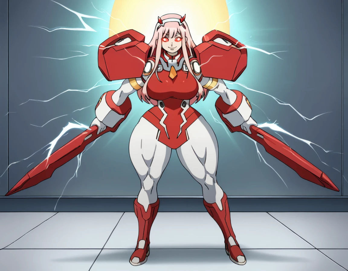 masterpiece, best quality, IncrsLowTier, electricity, glowing eyes zerotwo horns, hairband, necktie, red dress, pantyhose horns, hairband, red bodysuit, armlet, mecha horns, hairband, white bodysuit, white gloves, cap, red dress, white gloves, jacket on shoulders, pantyhose, cyber_armor body_suit,huge_breast, tall female, fulll body, sun light, smile,, sun aura,, boots, standing, smile, lips, red lips,,,{best quality}, {amazing quality} {best quality},{amazing quality},, {absurdres},{{highres}}, {very aesthetic}, {detailed}, curvy, tall, huge breast, character focus, white background,full-length portrait,, huge hips, huge muscles, huge thighs, curvaceous, venus figure,full body, full portrait