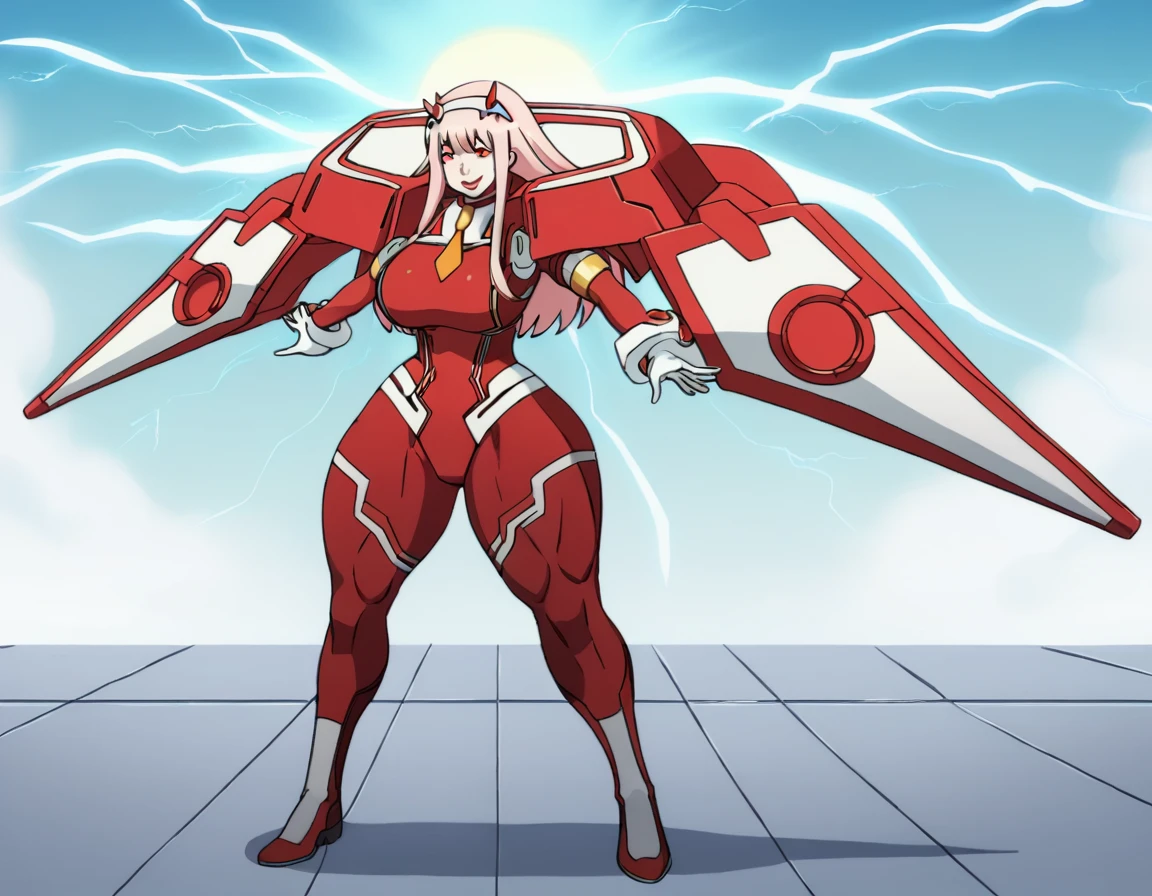 masterpiece, best quality, IncrsLowTier, electricity, glowing eyes zerotwo horns, hairband, necktie, red dress, pantyhose horns, hairband, red bodysuit, armlet, mecha horns, hairband, white bodysuit, white gloves, cap, red dress, white gloves, jacket on shoulders, pantyhose, cyber_armor body_suit,huge_breast, tall female, fulll body, sun light, smile,, sun aura,, boots, standing, smile, lips, red lips,,,{best quality}, {amazing quality} {best quality},{amazing quality},, {absurdres},{{highres}}, {very aesthetic}, {detailed}, curvy, tall, huge breast, character focus, white background,full-length portrait,, huge hips, huge muscles, huge thighs, curvaceous, venus figure,full body, full portrait