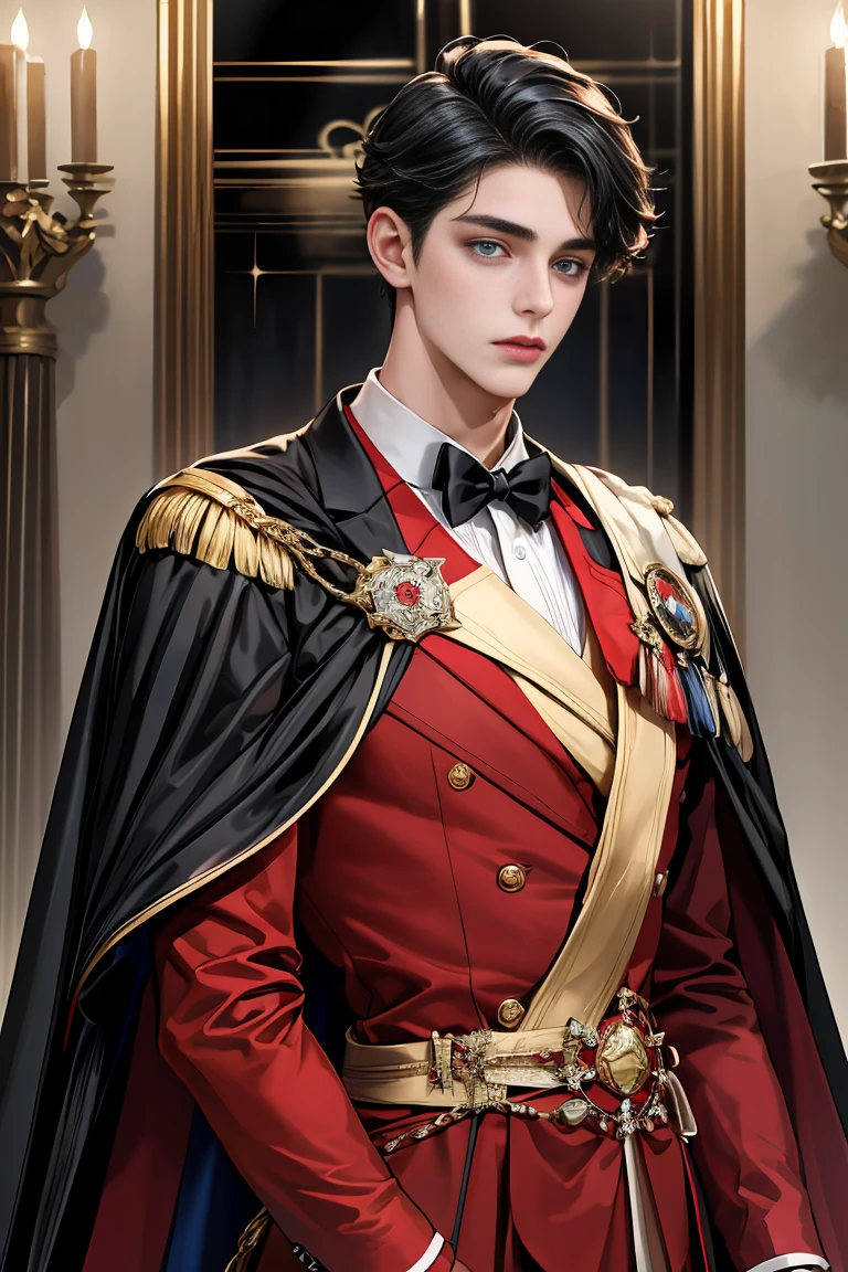 masterpiece, 最high quality, high quality, 1 boy, alone, Male focus, Watching the audience, Messy black hair, Adorable big blue eyes, White people, Noble, Noble,A black and red cape bursting with sexy volume、Tuxedo、A very voluminous, large, very large, very large, long, long red and black cape with a high stand-up collar, made of a lot of fabric that reaches down to the floor., ,Cute beautiful boys,Cute, cute, kind, handsome guy