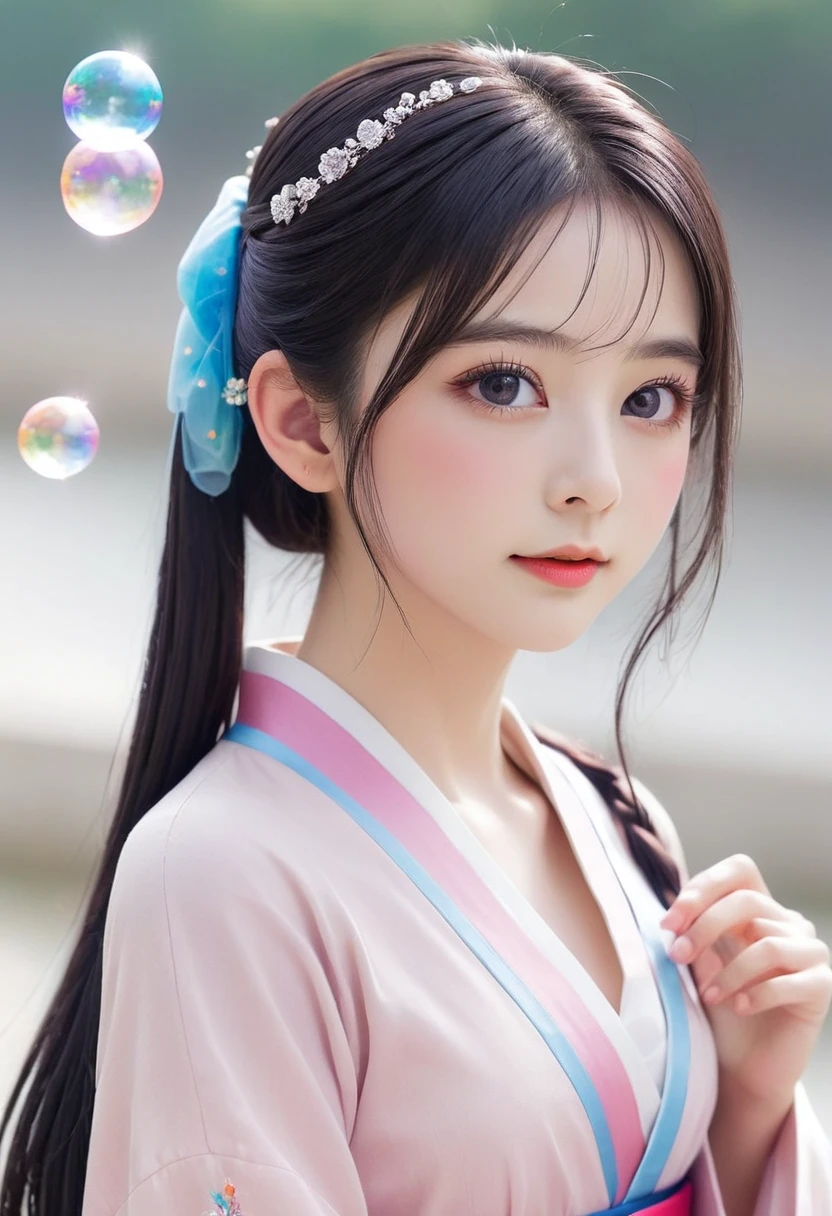 (masterpiece), (Highest quality), (Very detailed), (Dirty Hair), (figure), (1 Girl) (Long Pink Hair 1.5) (blue eyes) (Double Ponytail 2.0), ((((No shoulders))),Hanfu, (Looking at the audience, (interview), (Simple Background), Beautiful and delicate eyes, Delicate and beautiful face, Soar (High saturation), (Colorful Sparkling), Colorful bubbles, (Sparkling), Facial accents, Perfect NwsjMajic, Conservative dress, Shoulder less, Autumn Clothes, Facing the Public, Perfect figure,
