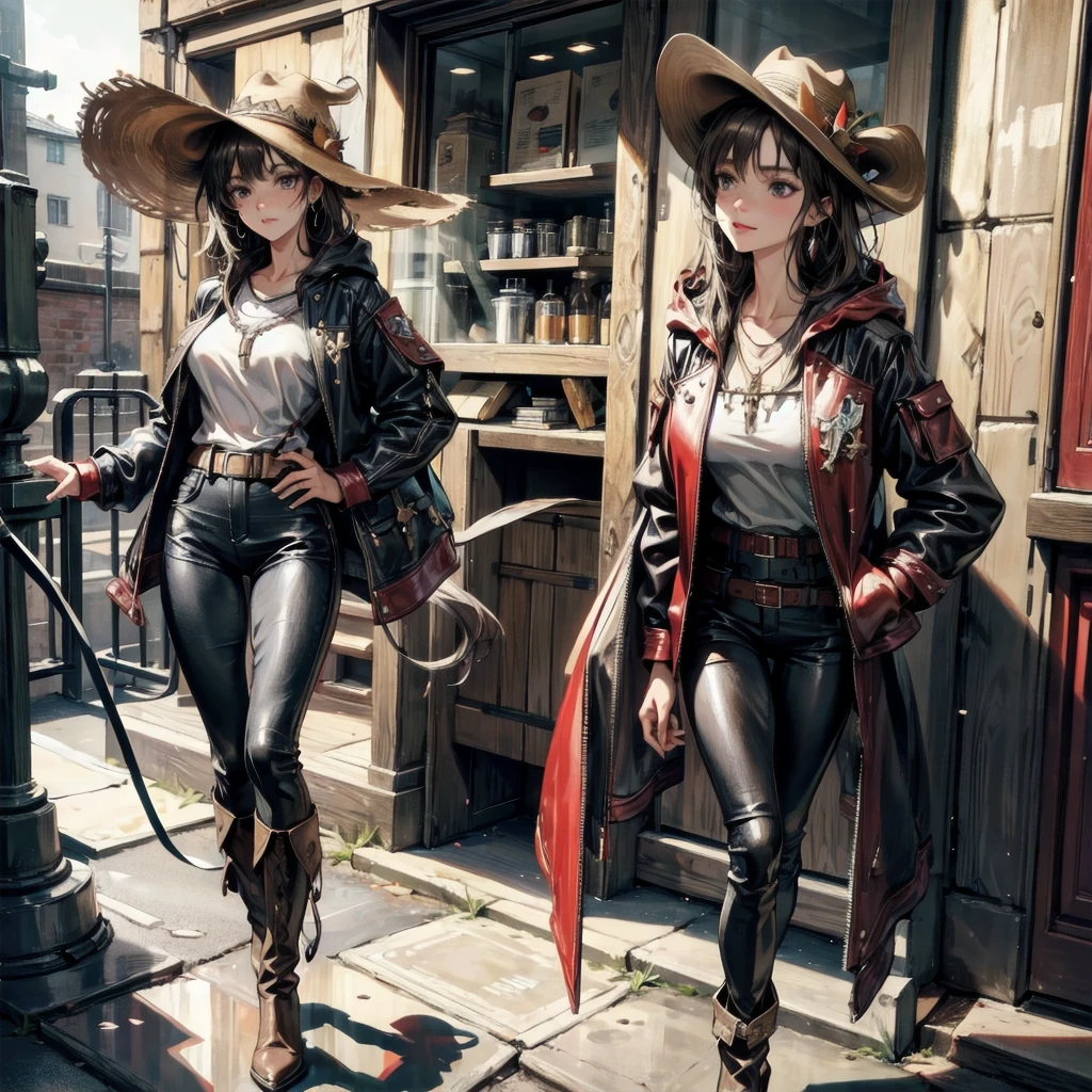 cool cowgirl, fantasy adventurer, cowboy hat, decorated hooded armor jacket, cross belt, Brown leather pants, Red leather long boots, absurdres, RAW photo, extremely delicate and beautiful, masterpiece, Best Quality, ultra high resolution, 32k, hyperrealistic, ultra-detailed, in her 20s, delicate facial features, tearful mole, earring, medium breasts, full body shot, shorter middle hair, black hair,