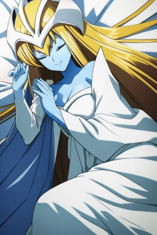 mysticalygo, mystical elf, smile, eyes closed, white dress, long skirt, blue skin, white cape, long robe, blonde hair, long hair, Yugioh, overly long sleeves, no hands, bed, bedroom, on side, Dutch angles 