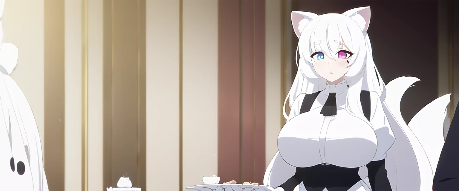 beautiful white neko, long white neko ears, white neko tail, anime style, purple eye, blue eye, big breasts, extremely detailed eyes and face, Wearing White and Black Waiter outfit, white long hair, heterochromia, wide waist, mature woman, black small beauty mark under right eye