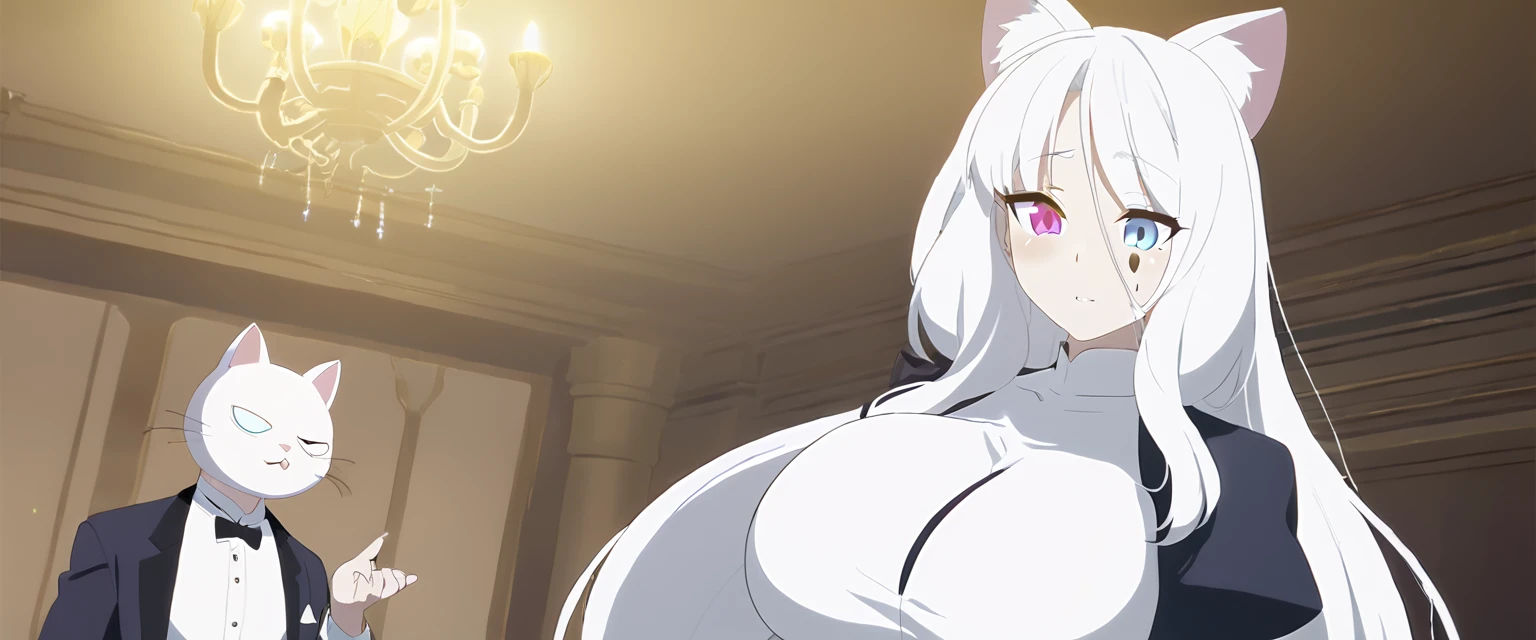 beautiful white neko, long white neko ears, white neko tail, anime style, purple eye, blue eye, , extremely detailed eyes and face, Wearing White and Black Waiter outfit, white long hair, heterochromia, wide waist, mature womack small beauty mark under right eye