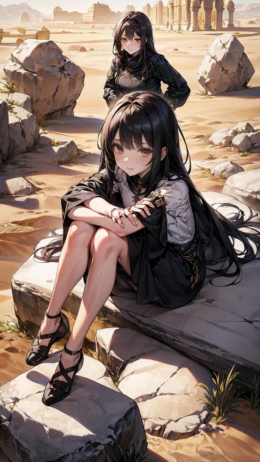 Mature woman with long black hair and wearing white clothes, (On the rocks of the desert:1.5), (Rest in an oasis:1.2, Have a metal water bottle:1.3, Are standing:1.2, Sitting cross-legged:1.3, Raise your arms, in front of Arabic ruins:1.2), Arabic, (Post-apocalyptic:0.2), From Arknights, Gweiz-style artwork, bodybian, Fine details. Girls' Frontline, Beautiful anime illustrations, from Girls' Frontline, Jan J, amazing, 26 years old, (Mature Woman:1.3), (alone:1.5), (SFW:1.25), Saggy breasts, Fuju's Chest, big , Narrow waist, big ass, Raised to be sexy, (Dark mahogany medium short hair, Updo, Hair on one eye, Asymmetrical Hair, Curly Hair, Rothie Breitslemann, White scarf, hair band, Today my head, turbaned), (Ultra-high resolution, 8k RAW photos, Photorealistic, Thin contours:1.3, Clear focus quality, Natural light, Fabric Shading, Blurred Background, Depth of written boundary, Bokeh, (Bright Eyes, Beautiful eyes with fine highlights:1.2, A face with attention to detail), Red lips, avert your eyes:1.3, (Dynamic Angle:1.2, Front view:1.2, breast focus:1.3, From above:1.1), Dynamic pose, (Sexy pose:1.2, Leaning forward), Captivating smile:1.2, Center image, (Wearing a white long jacket and clothes, White Robed Chest:1.37)), Platinum Jewelry, Wrap white clothes around your waist, Camel brown long leather boots:1.3, Translucent lace pantyhose), ((Correct Anatomy:1.5)), ((Outdoor:1.2, Overnight:1.3)),