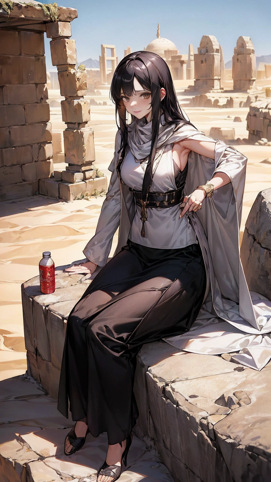Mature woman with long black hair and wearing white clothes, (On the rocks of the desert:1.5), (Rest in an oasis:1.2, Have a metal water bottle:1.3, Are standing:1.2, Sitting cross-legged:1.3, Raise your arms, in front of Arabic ruins:1.2), Arabic, (Post-apocalyptic:0.2), From Arknights, Gweiz-style artwork, bodybian, Fine details. Girls' Frontline, Beautiful anime illustrations, from Girls' Frontline, Jan J, amazing, 26 years old, (Mature Woman:1.3), (alone:1.5), (SFW:1.25), Saggy breasts, Fuju's Chest, big , Narrow waist, big ass, Raised to be sexy, (Dark mahogany medium short hair, Updo, Hair on one eye, Asymmetrical Hair, Curly Hair, Rothie Breitslemann, White scarf, hair band, Today my head, turbaned), (Ultra-high resolution, 8k RAW photos, Photorealistic, Thin contours:1.3, Clear focus quality, Natural light, Fabric Shading, Blurred Background, Depth of written boundary, Bokeh, (Bright Eyes, Beautiful eyes with fine highlights:1.2, A face with attention to detail), Red lips, avert your eyes:1.3, (Dynamic Angle:1.2, Front view:1.2, breast focus:1.3, From above:1.1), Dynamic pose, (Sexy pose:1.2, Leaning forward), Captivating smile:1.2, Center image, (Wearing a white long jacket and clothes, White Robed Chest:1.37)), Platinum Jewelry, Wrap white clothes around your waist, Camel brown long leather boots:1.3, Translucent lace pantyhose), ((Correct Anatomy:1.5)), ((Outdoor:1.2, Overnight:1.3)),