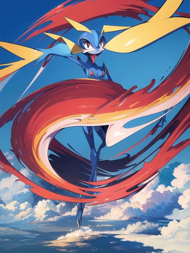 (Realistic:1.4), (Realism:1.4), (Highres), 4K, Detailed, (Inricate Details:1.4), (Hyper Detailed:1.4), (Digital Art:1.4), masterpiece, (greninja), solo, full body, outdoors, sky, day, tongue, cloud, (red eyes, detailed eyes), blue sky, outstretched arms, long tongue, blue skin,