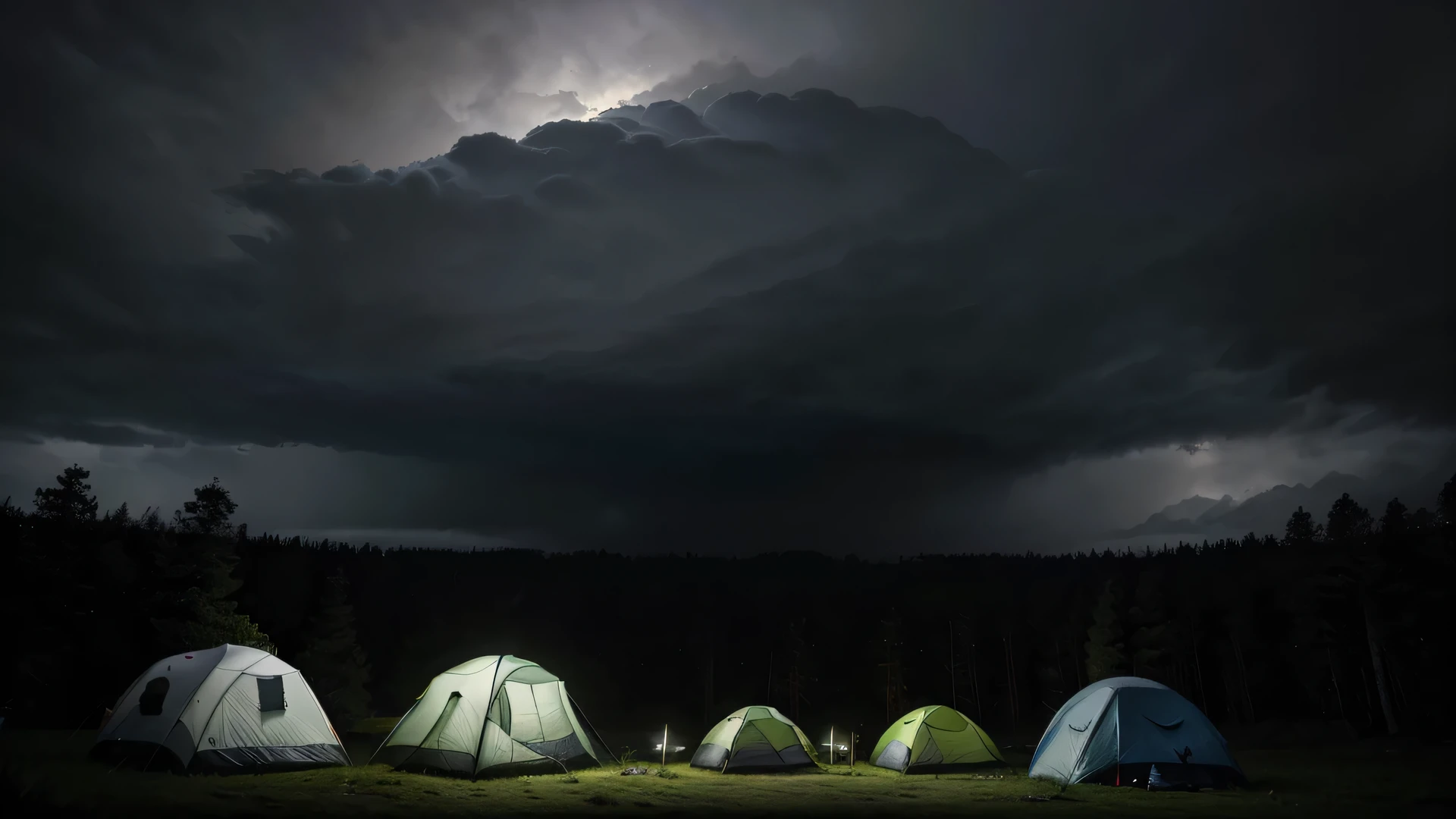 (masterpiece, 8K, UHD, photo-realistic:1.3), camping ground during heavy rain at night with cloudy sky, there are several camping tents with cloudy sky, in the middle of a dense pine forest during heavy rain at night with cloudy sky, the atmosphere is dark during heavy rain at night with cloudy sky