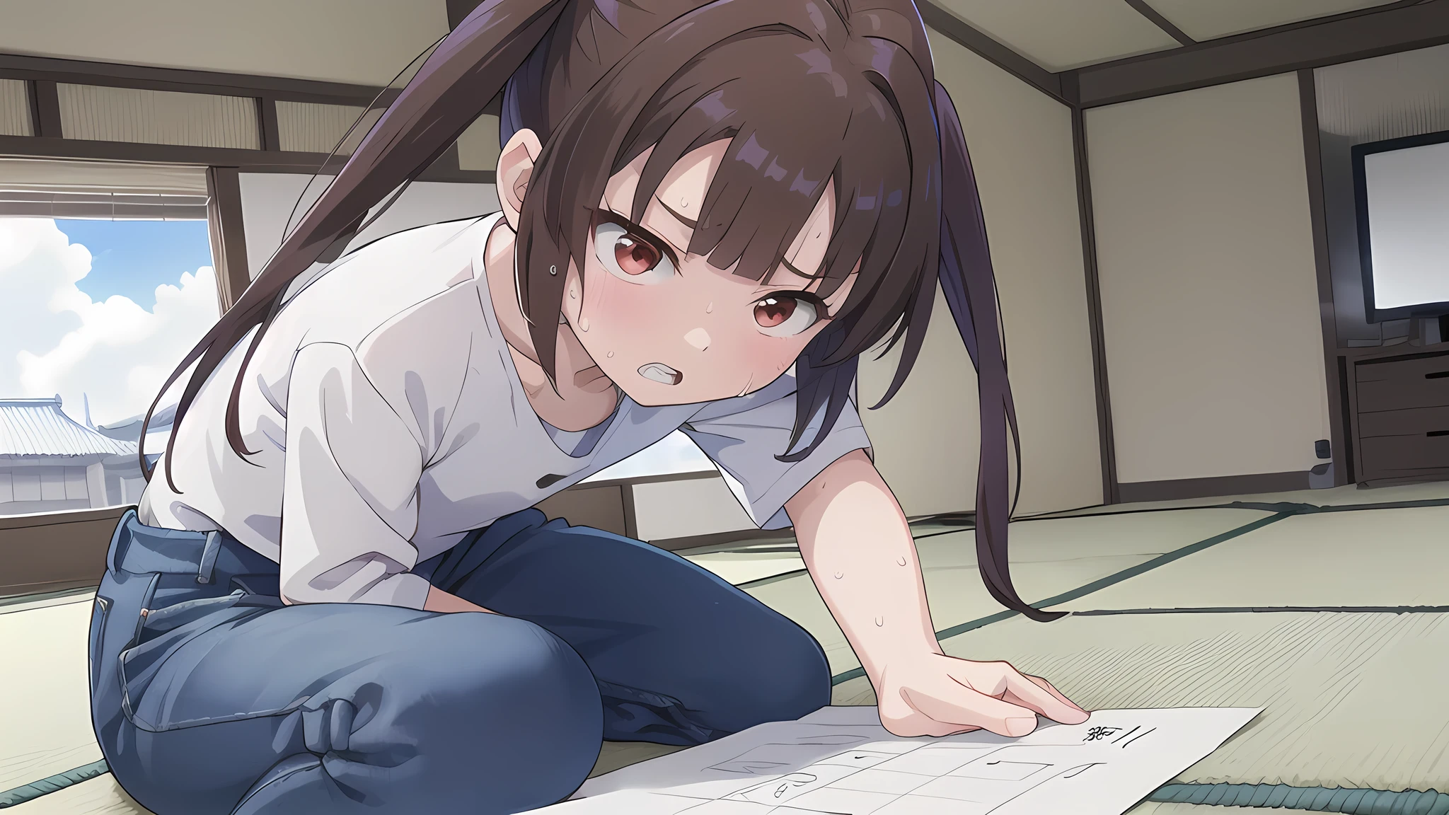 Dilapidated and dark Japanese-style room,blue sky,cloud,On the tatami_Leaning forward while sitting upright,Near your desktop PC,indoor,1 Girl, solo, Red eyes, Twin tails, brown hair,crawling,((顔 focus)),upper body,White shirt,Blue denim pants, bangs, eyebrows visible through hair, Flat Chest,Look Down,teeth ,annoyed,panicking,((Write on loose-leaf paper with a pen)),((Sweat)),