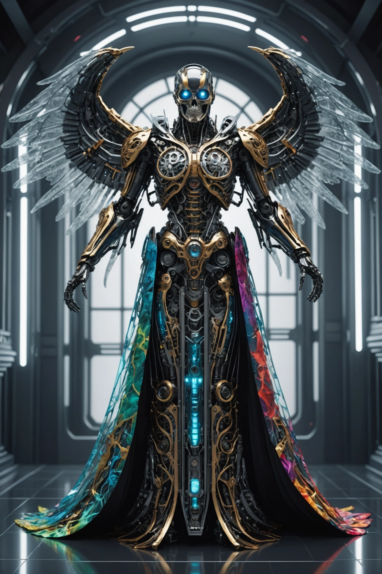 Intricate 3d rendering ultra-detailed beautiful angel of death, biomechanical robot, Futuristic Room, Colorful transparent robe