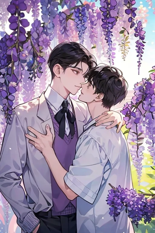Wisteria flowers,Two boys kissing,One tall and one short,High School Students