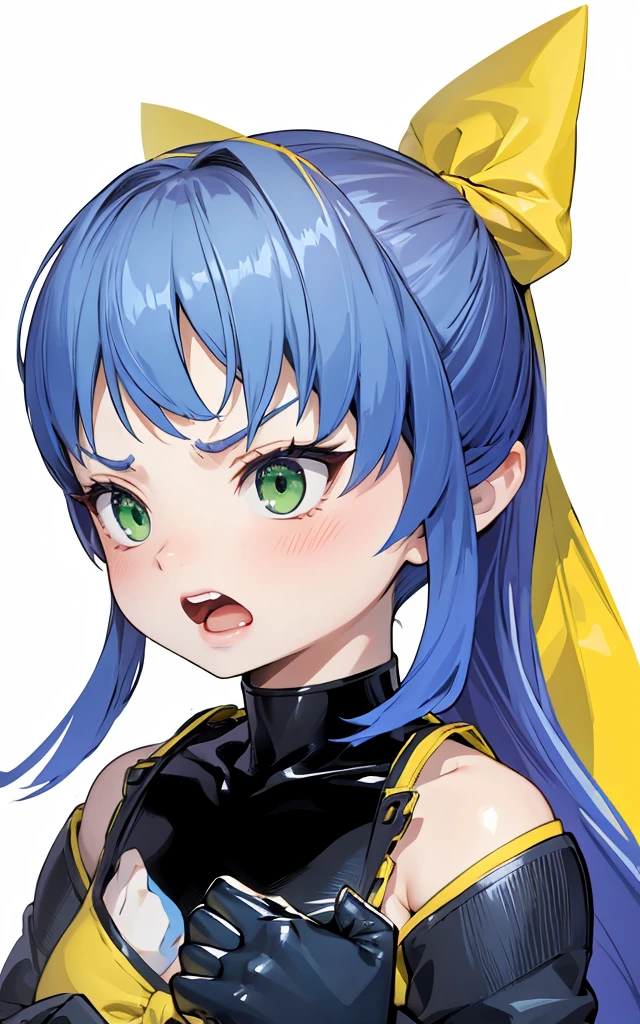 beautiful girl,,anger,Scream,Clenched fist,Blue Hair,Green Eyes,Yellow ribbon,4K,8K,Highest quality