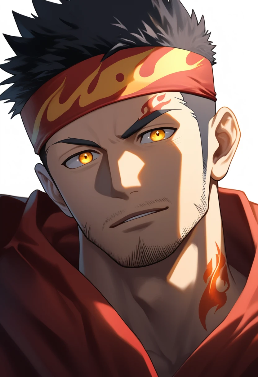 anime characters:Gyee, priapus, 1 muscular man god, Flame tattoo, sports Red headband, Priestly robes, muscular male, muscular, only, Upper body, alone, Black short hair, Thick eyebrows, stubble, Yellow eyes, White background, simple background, amazing quality, best aesthetics, Ridiculous, bright pupils, crew cut, naughty face, torogao, parted lips, god rays, chiaroscuro, drop shadow, best quality