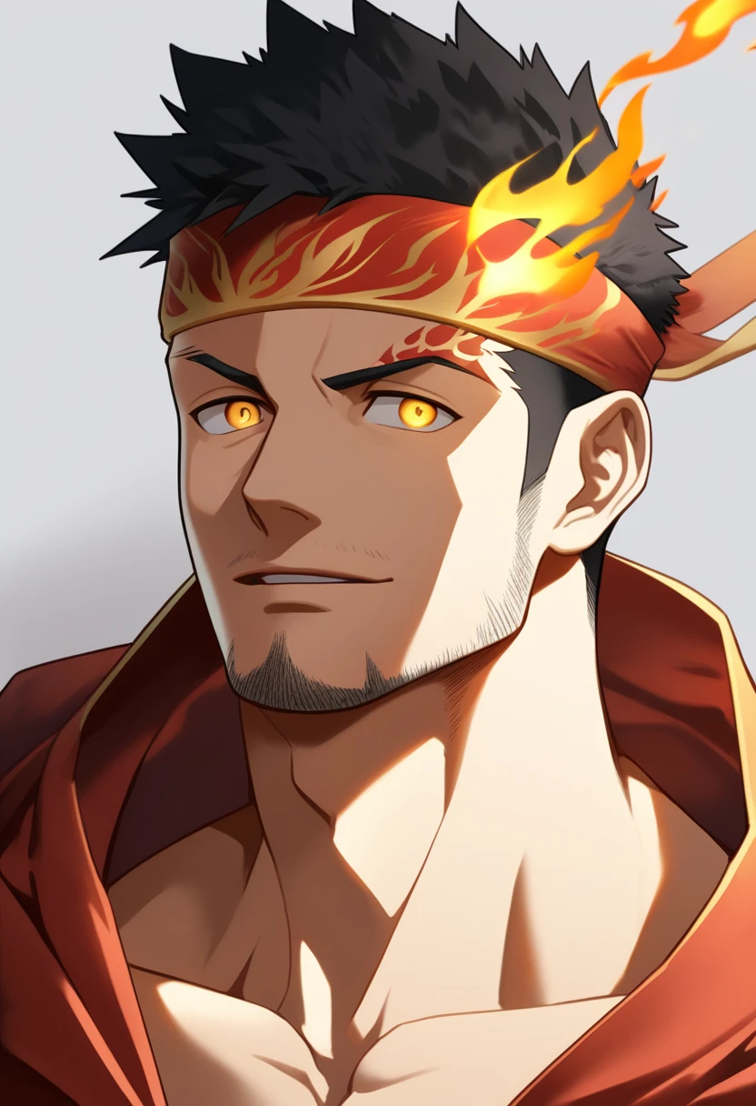anime characters:Gyee, priapus, 1 muscular man god, Flame tattoo, sports Red headband, Priestly robes, muscular male, muscular, only, Upper body, alone, Black short hair, Thick eyebrows, stubble, Yellow eyes, White background, simple background, amazing quality, best aesthetics, Ridiculous, bright pupils, crew cut, naughty face, torogao, parted lips, god rays, chiaroscuro, drop shadow, best quality
