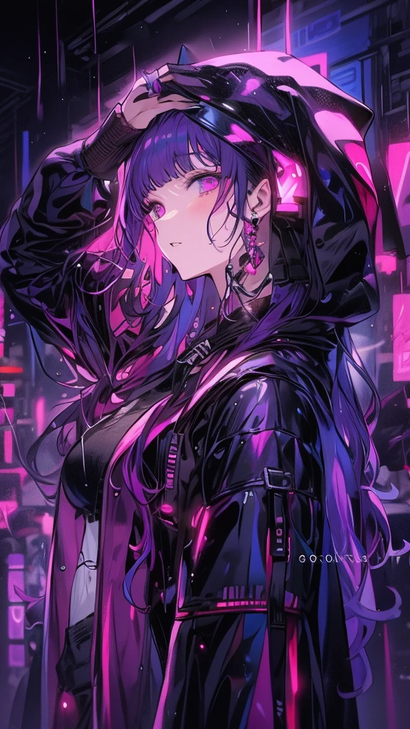 ((Highest quality)), (masterpiece)),in the rain、Anime girl with purple hair and black jacket, Cyberpunk Anime Girl in hoodie, digital Cyberpunk anime art, Digital Cyberpunk - Anime Art, Cyberpunk Anime Girl, anime cyberpunk art, Cyberpunk art style, Cyberpunk atmosphere, Cyberpunk anime art, female Cyberpunk Anime Girl, Dreamy Cyberpunk Girl, Cyberpunk atmospheres, Bright Cyberpunk Glow, Cyberpunk Style, Cyberpunk themed art