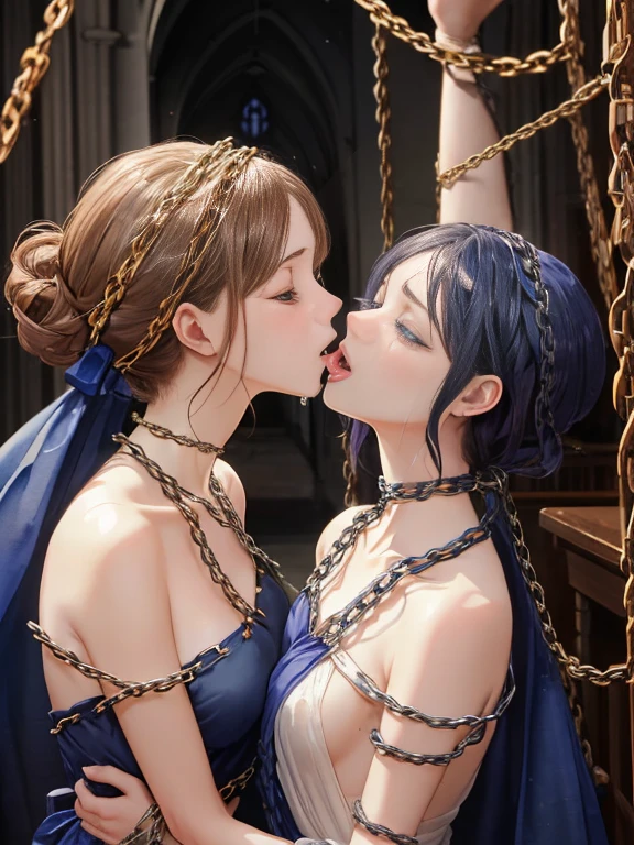 {(watercolor painting:1.2),(renaissance style:1.2)}, {(extremely detailed beautiful face and eyes and skin and hair)}, BREAK, {erotic face,anguish,(very ecstasy:1.2),(writhing:1.4),embarrassing,half open eye},{(very obscene pose:1.2),(arched back:1.2),(arch one's head:1.4)}, {(Royal_Blue colored yukata:1.2), (chains fundoshi:1.2), (wet clothes:1)}, BREAK, {(many chains from the ceiling:1.4), (chain shibari:1.3),(chain bondage), (chain restraint),(wrap limbs with chains:1.8),(chain bind body),(chain in collar:1.2), confinement, shackles}, BREAK, {(2 woman, medium breasts, (lick each other, saliva), braid hair intricately)},{dynamic low angle view}, {(dark church glowing stained glass:1.2)}, BREAK,{(glowing tears:1.1),(pure white skin:1.1)}