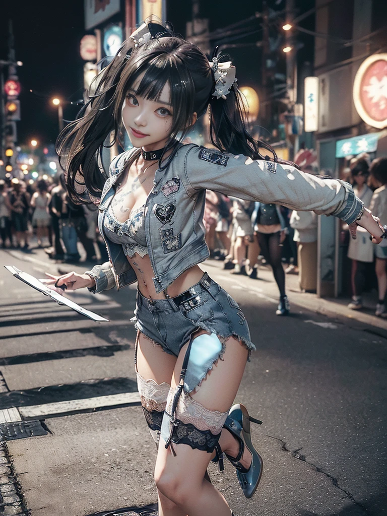 (Full Body View:1.2)、(Full body:1.3)、(Smiling with teeth showing:1.3),(Shibuya Gal:1.5)、(Hostess:1.4)、(Neo-goth fashion:1.5)、(Punk RockVisual Kei:1.3)、(Futuristic bodysuit in white, beige and denim with embellishments:1.5)、(A delicate short jacket in denim, beige and navy:1.5)、(Denim garter belt:1.5)、(Tattered denim and a white micro mini skirt:1.3)、(Heart-shaped silver accessories:1.5)、(Brown Skin Belt:1.4)、(Blue High Heels:1.4)、(Lace patterned underwear:1.4)、20-year-old、NSFW,((Highest quality、In 8K、masterpiece:1.3))、Sharp focus:1.2、(Layered Cut、Huge boobs:1.1),Beautiful woman with perfect figure:1.4、(Doing an aerobics pose:1.3)、Slender Abs:1.2、Butt、Highly detailed face and skin texture、Detailed eyes、double eyelid,(Twin tails:1.3)、(Black brown hair:1.3)、Obscene、Gravure idol、(Luxurious amusement park at night:1.3)、(Make your legs thinner:1.4)、(Thin thighs:1.4)、(Slim body:1.3)、(clavicle:1.1)