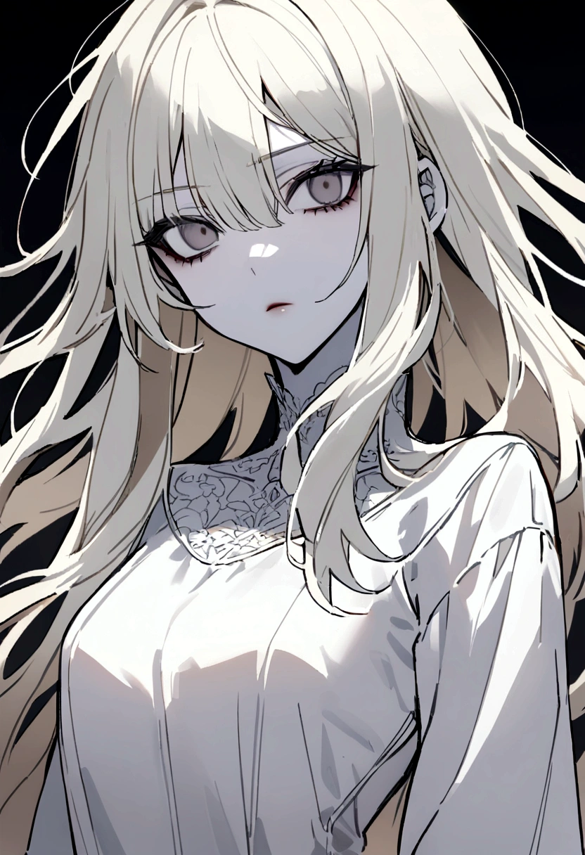 solo, handsome, monochrome,watercolor,
1. Female,
Hime cut,Straight Hair,long Hair,
black color hair,
Nakano Yotsuba,
BLACK Eyes,Soft look,beautiful,beautiful,Sexy,Darkness,Lots of silver earrings,choker,
White Off Shoulder,White Distressed jeans,パーカー ,skin,
BLACK background,