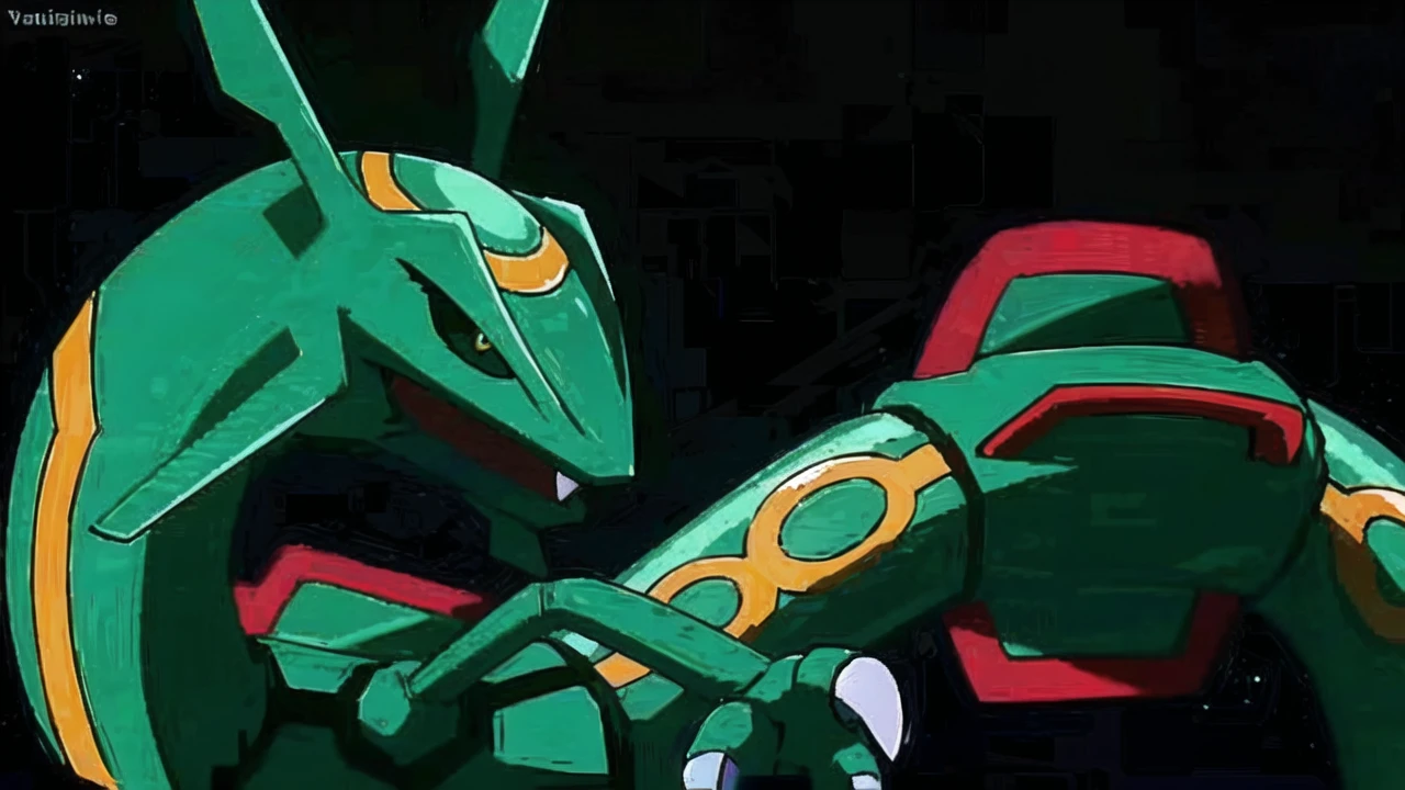 Rayquaza green dragon pokemon in the other dimension flying in space