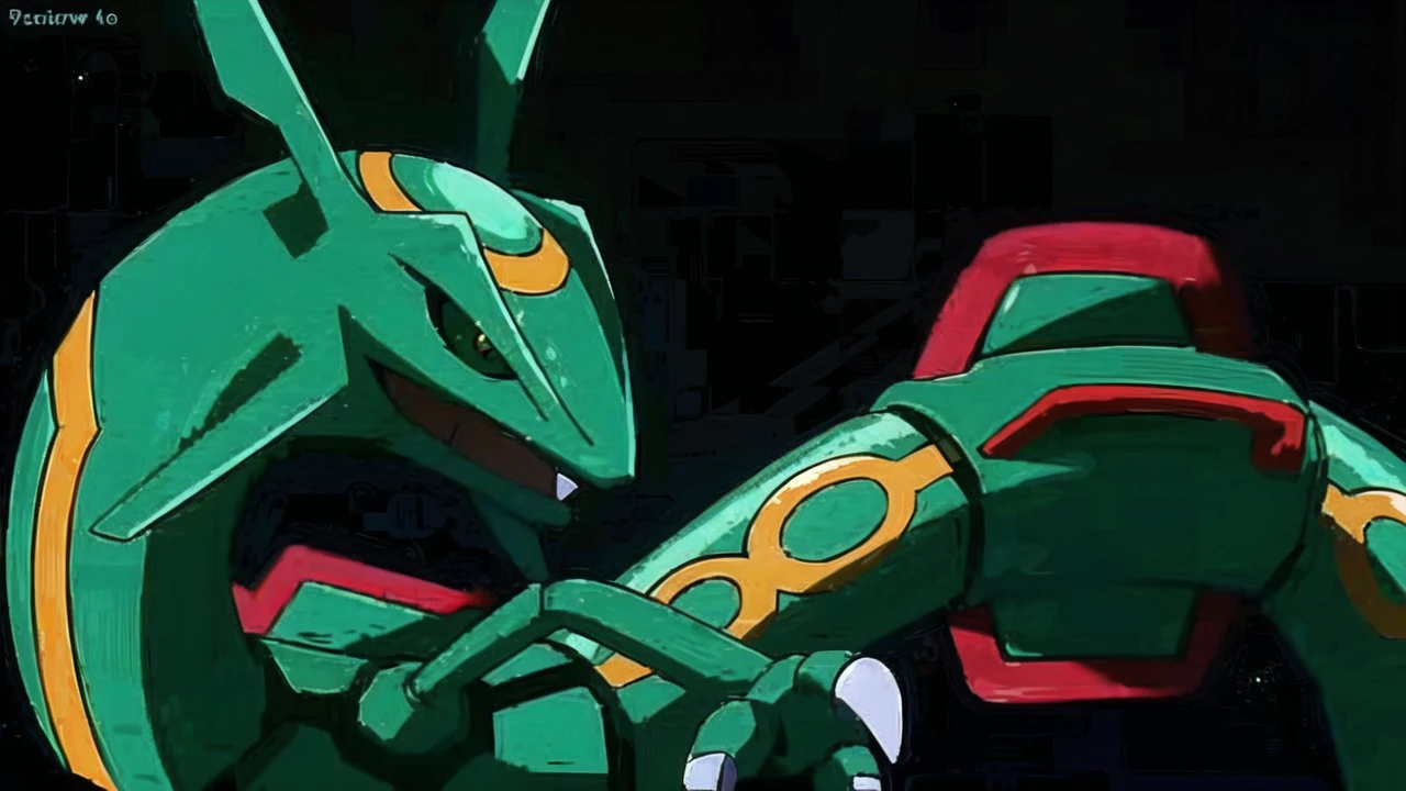 Rayquaza green dragon pokemon in the other dimension flying in space