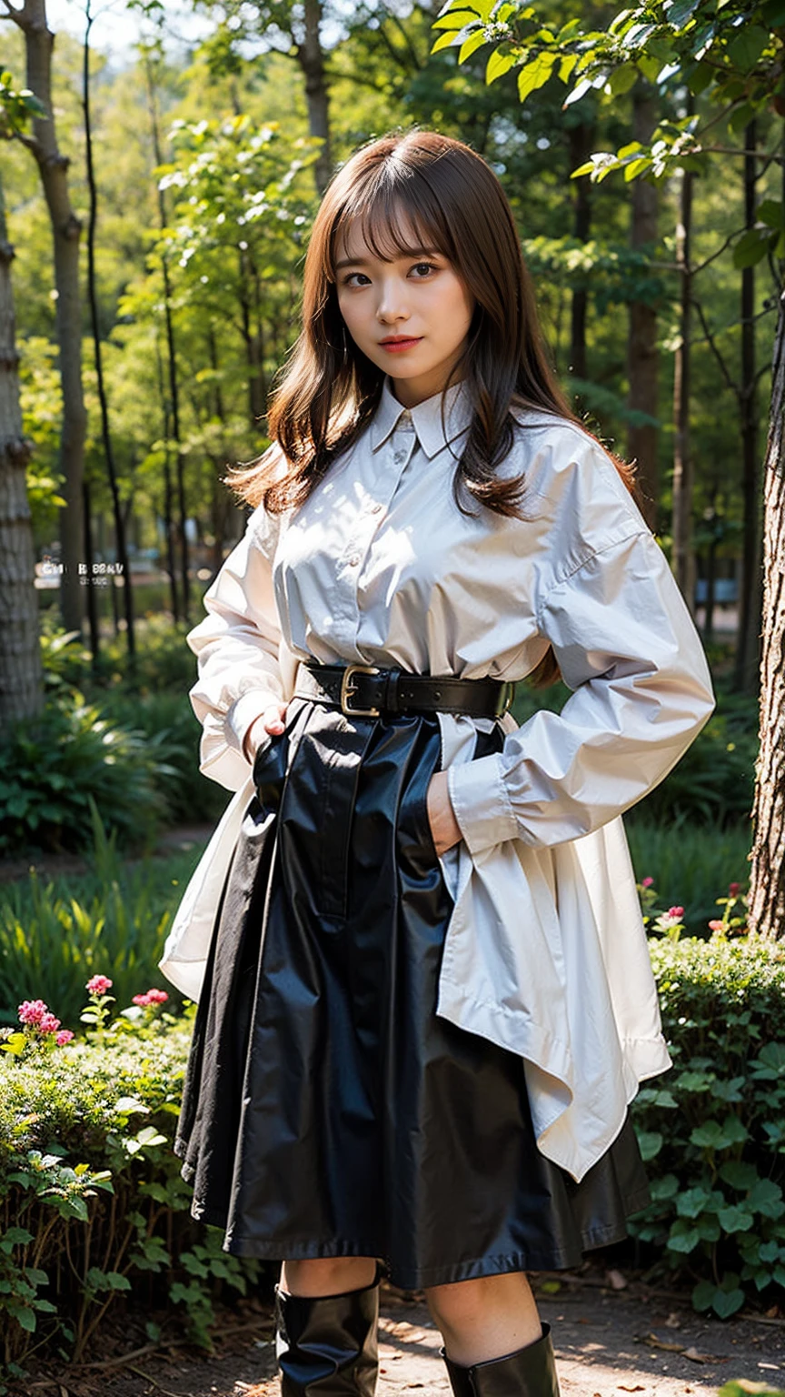 (8K、RAW Photos、Highest quality、masterpiece:1.2)、(Realistic、Realistic)、1 Girl、((Black coat、mini skirt、smile、Frills、one piece、whole body、See-through、boots、chest emphasis、whole body、garden、View from the front、Looking into the camera、belt、Stand with hands on hips))、