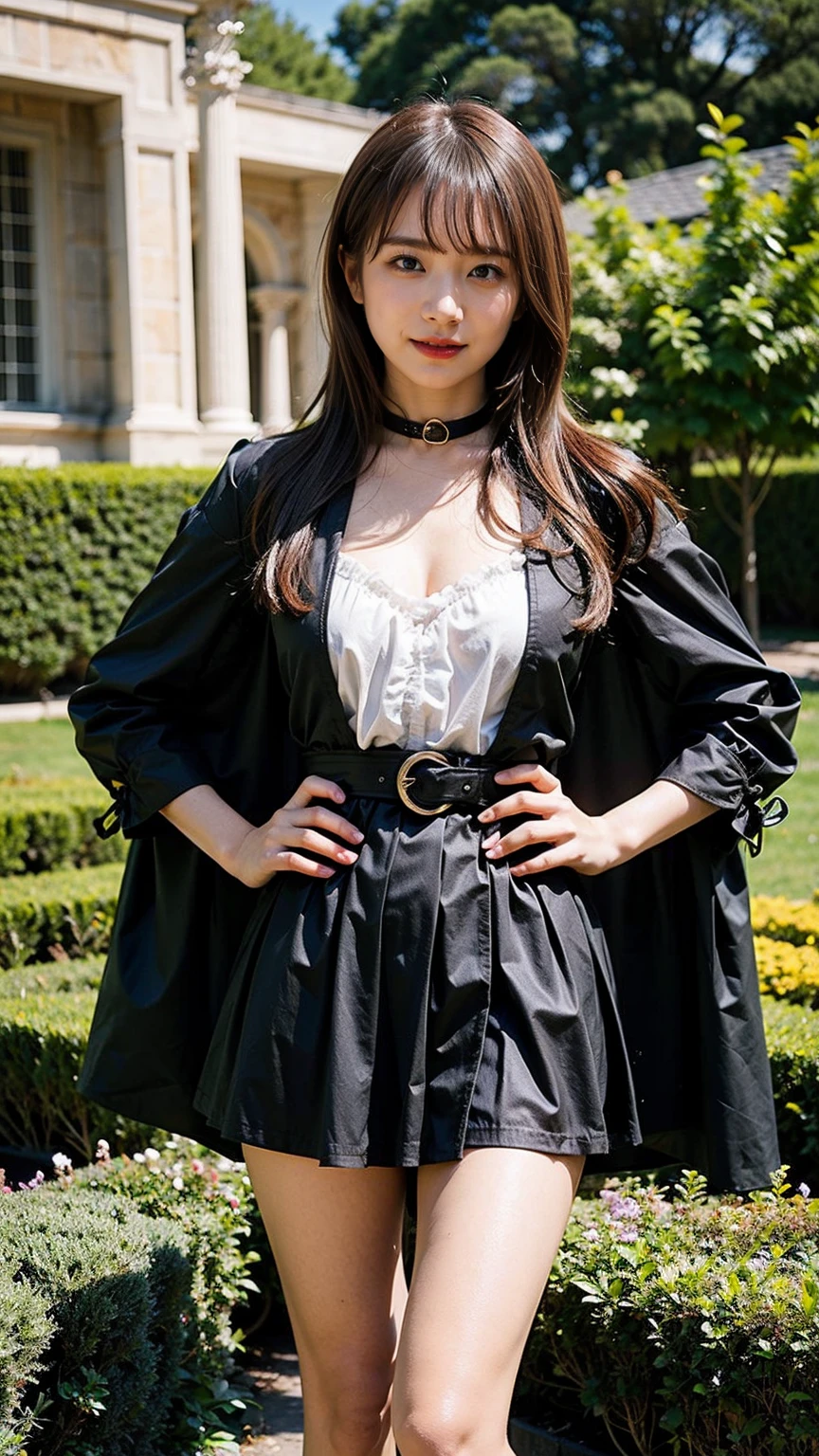 (8K、RAW Photos、Highest quality、masterpiece:1.2)、(Realistic、Realistic)、1 Girl、((Black coat、mini skirt、smile、Frills、one piece、whole body、See-through、boots、chest emphasis、whole body、garden、View from the front、Looking into the camera、belt、Stand with hands on hips))、