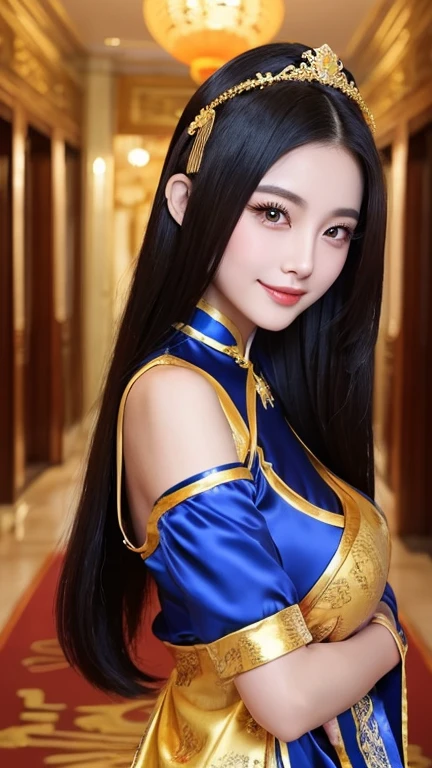 (((Chinese Beauty)))、21 years old、(Very heavy makeup:1.2)、(Slanted Eyes:1.3)、(long narrow eyes:1.3)、Shiny Hair、Glowing Skin、Very white skin、Jet Black Hair、Straight long hairstyle、Big eyes、Double eyelids、Luxury Chinese palace、(Standing in the palace corridor)、(Golden luxurious hair ornament)、(Patterned costume of a Chinese queen)、Luxurious and gorgeous、(huge breast:1.1)、(Exposed Skin:1.4)、(Smile with your mouth closed)、((Royal Blue Costume))