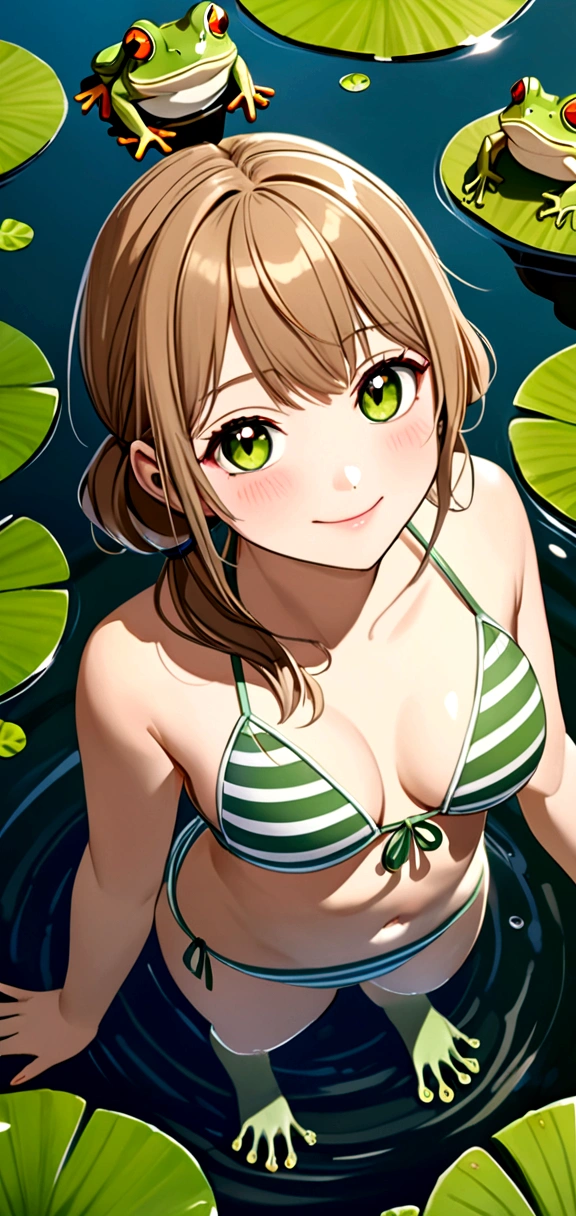 ((masterpiece)), ((best quality)), (ultra detailed), ((extremely detailed)), 4K, (8K), 1girl, smiling stunning cute girl, extremely detailed eyes, light brown low twintails hair with bangs, ivory and green horizontal stripes bikini, standing in a shallow pond, from above, ((lots of frogs))