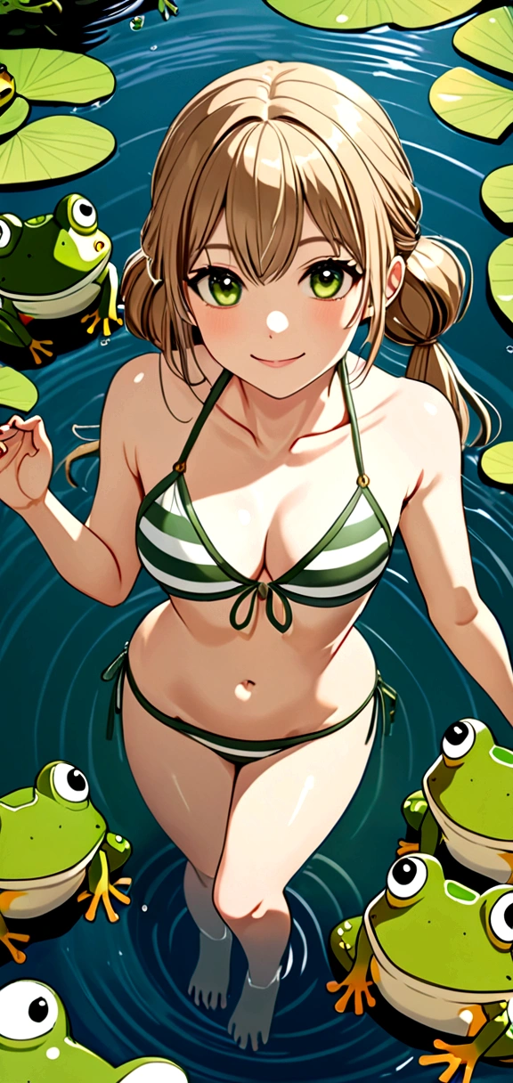 ((masterpiece)), ((best quality)), (ultra detailed), ((extremely detailed)), 4K, (8K), 1girl, smiling stunning cute girl, extremely detailed eyes, light brown low twintails hair with bangs, ivory and green horizontal stripes bikini, standing in a shallow pond, from above, ((lots of frogs))