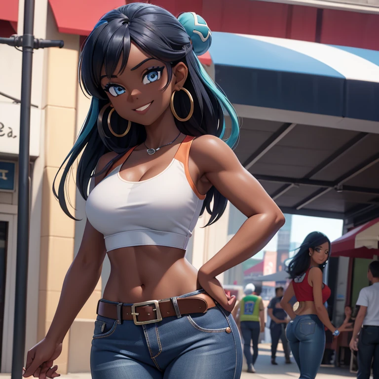 (wide shot), CGSsociety, 8K, ultra-realistic, masterpiece, best quality, (Detailed face:1.2), (Detailed eyes:1.2), solo, 1girl, nessacasual, dark skin, makeup, smile, looking at viewer, standing, opened red jacket, white tank-top, ((midriff)), medium breasts, cleavage, tight blue denim pants, belt, hoop earrings, looking at viewer, standing, holding a poke ball, outdoors, city street
