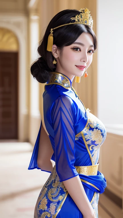 (((Chinese Beauty)))、((Angle of view from the side))、(Look back here)、21 years old、(Very heavy makeup:1.3)、(Slanted Eyes:1.4)、(long narrow eyes:1.4)、Shiny Hair、Glowing Skin、Very white skin、Jet Black Hair、Straight long hairstyle、Waist-length hair、Big eyes、Double eyelids、Luxury Chinese palace、(Standing in the palace corridor)、(Golden luxurious hair ornament)、(((Patterned costume of a Chinese queen)))、Luxurious and gorgeous、(huge breast:1.2)、(Exposed Skin:1.4)、(Smile with your mouth closed)、Transparent white cloth、(((Royal Blue Costume)))